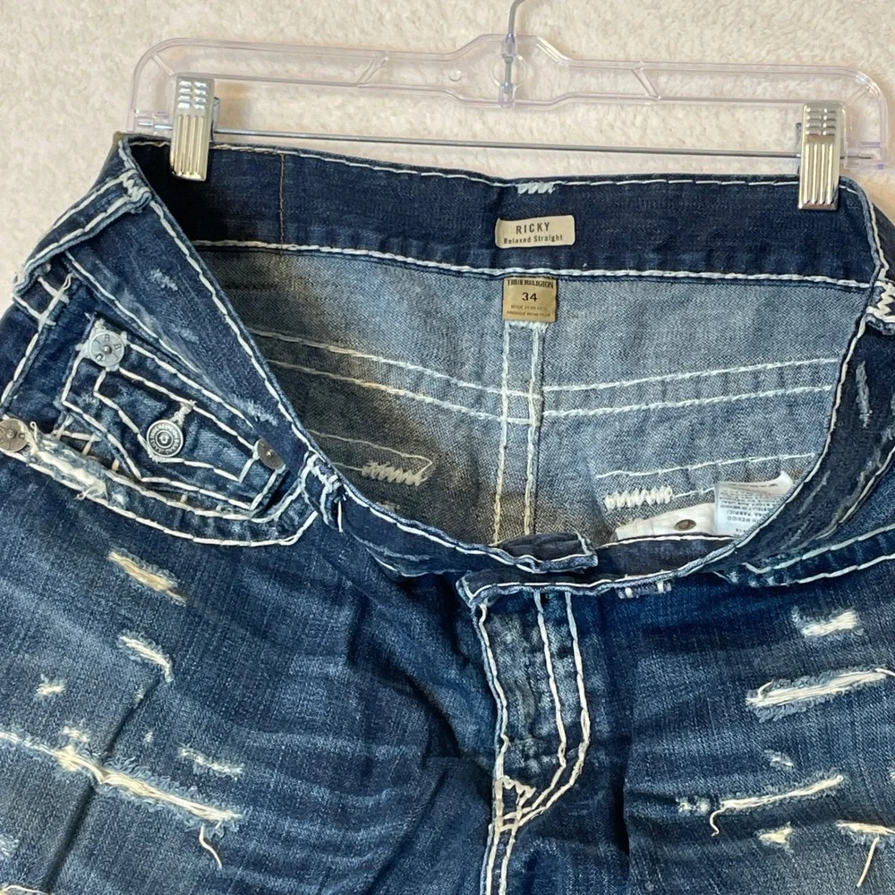 True Religion Ricky Relaxed Straight Super T Distressed Jeans Blue Mens 34